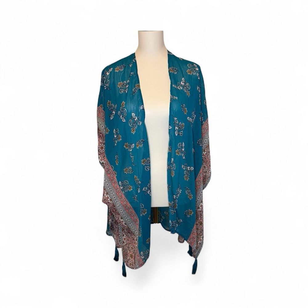 Women's Teal Peach Gold Floral Kimono with Tassels M Lace Open Cardigan